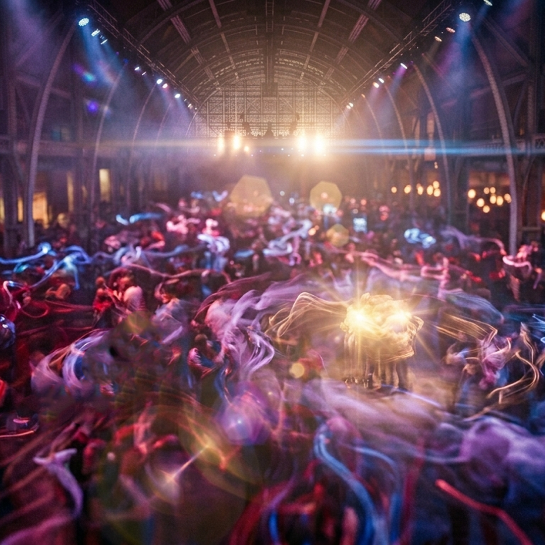 An abstract image of a crouded club scene with tracers of people moving about.